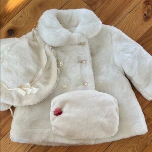 Vintage White Faux Fur Coat with Hat and  hand muff